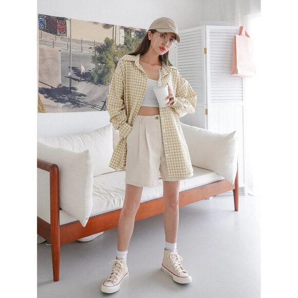 NWT DAZY Gingham Drop Shoulder Button Up‎ Blouse Size L Color Khaki - Picture 4 of 7